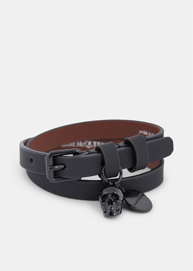 Black Wrap Around Skull Leather Bracelet
