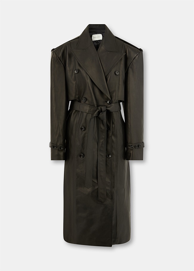 Black Leather Belted Trench Coat