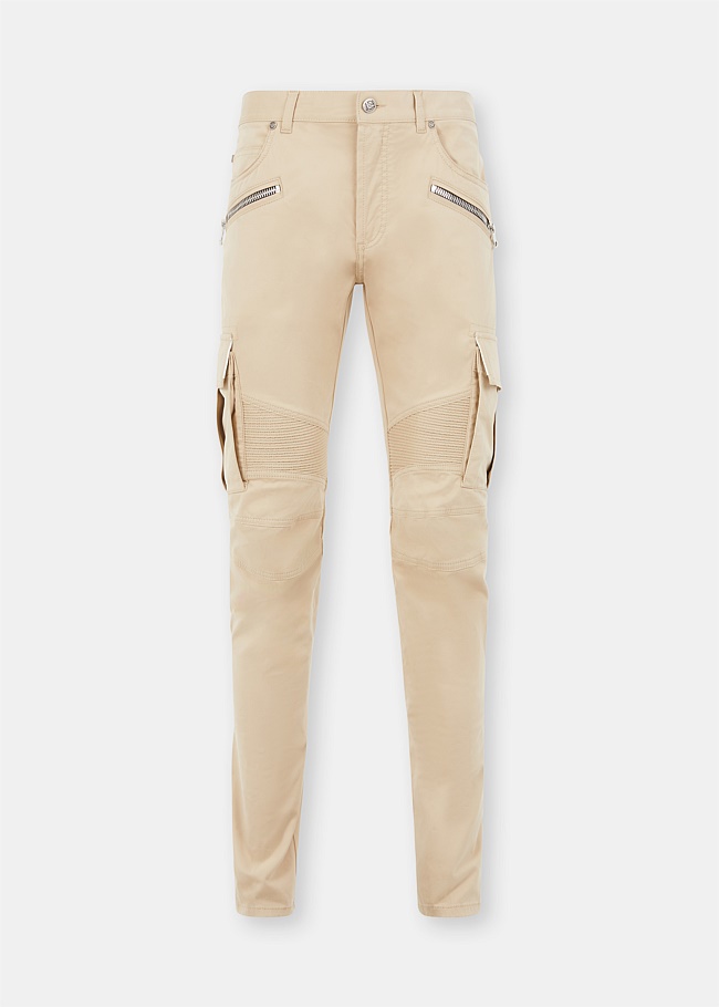 Beige Tapered Cargo Jeans