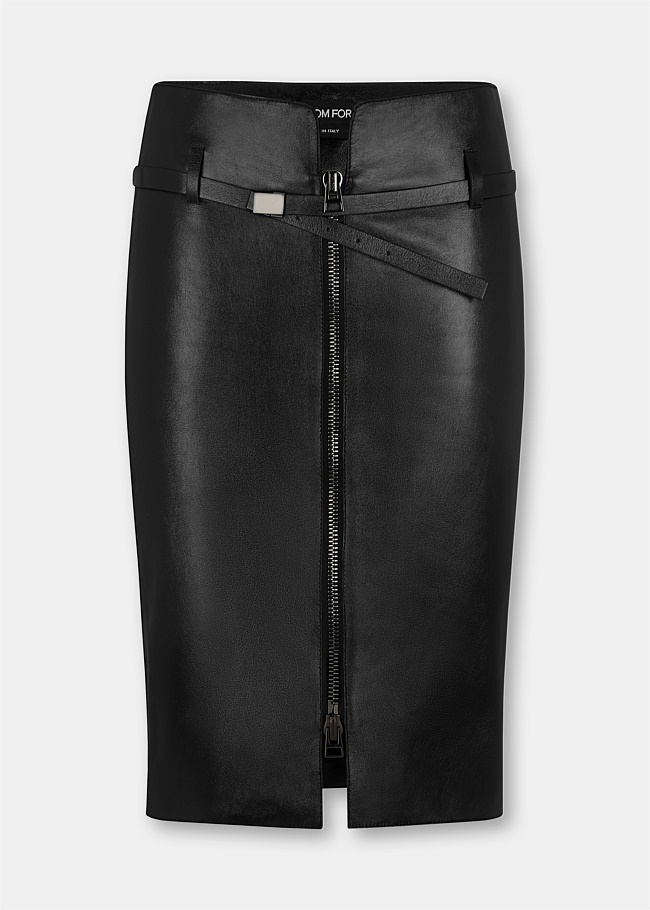 Black Front Zipped Leather Skirt