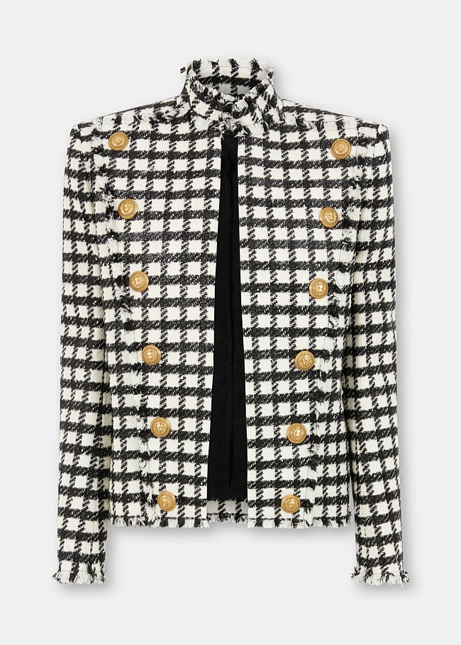 White & Black Checkered Tweed Jacket