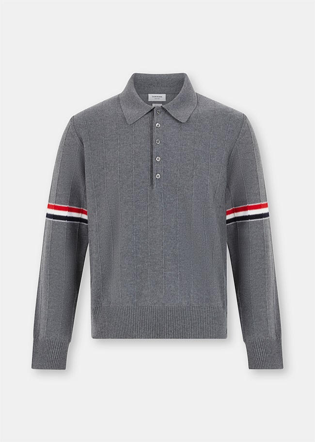 Medium Grey Long Sleeve Merino Wool Polo Shirt