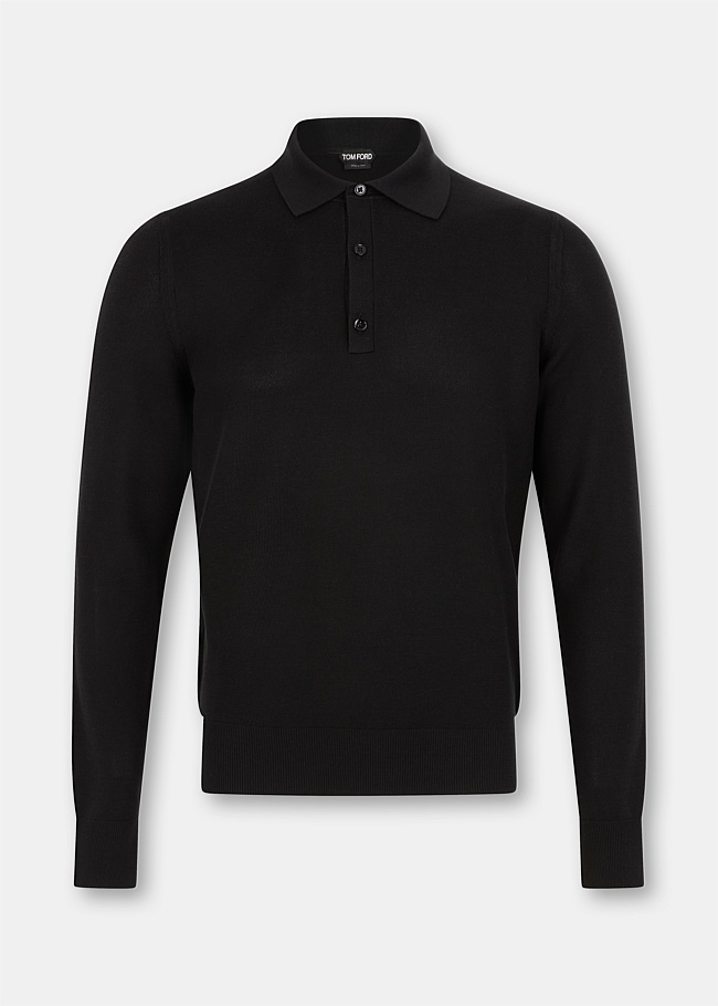 Black Long Sleeve Silk Cotton Knitted Polo