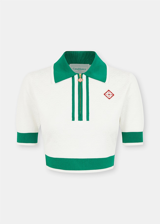 White & Green Cropped Monogram Polo Shirt