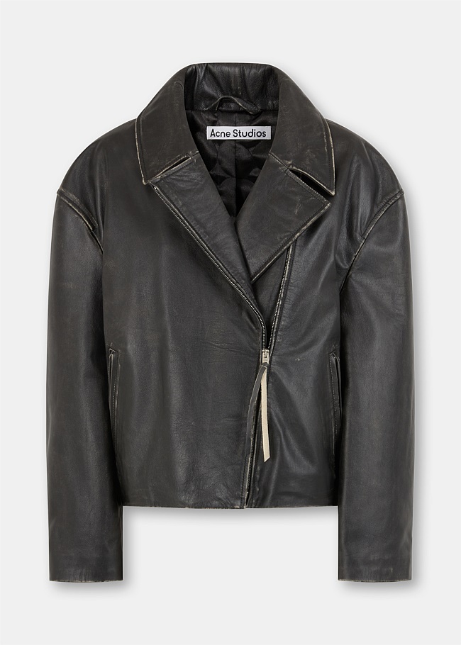 Black Faded Leather Biker Jacket