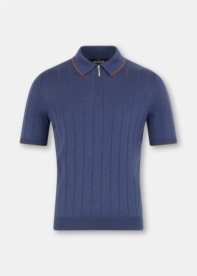 Blue Zip Knitted Polo Shirt