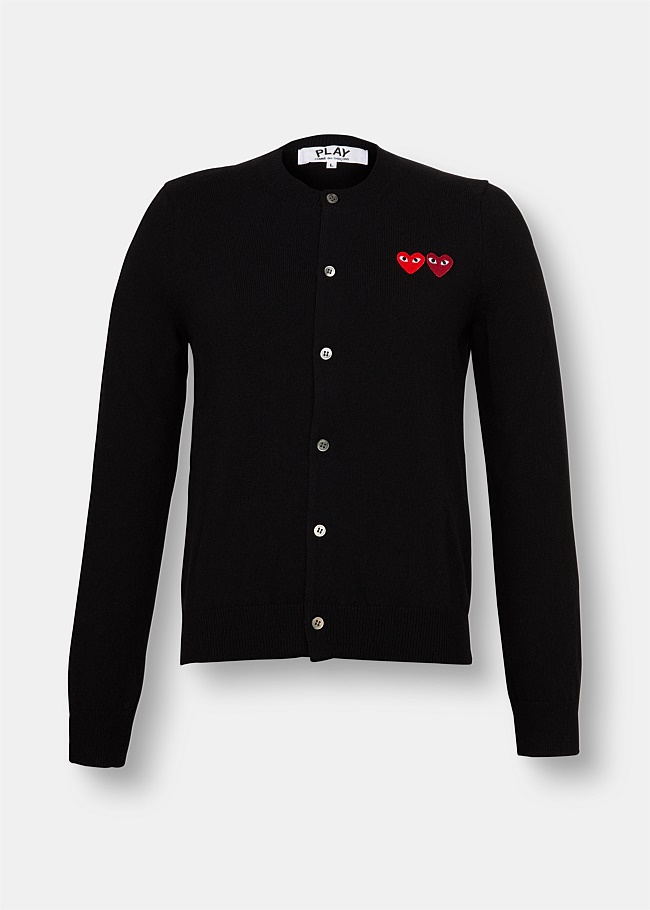 Black Double Embroidered Heart Wool Cardigan