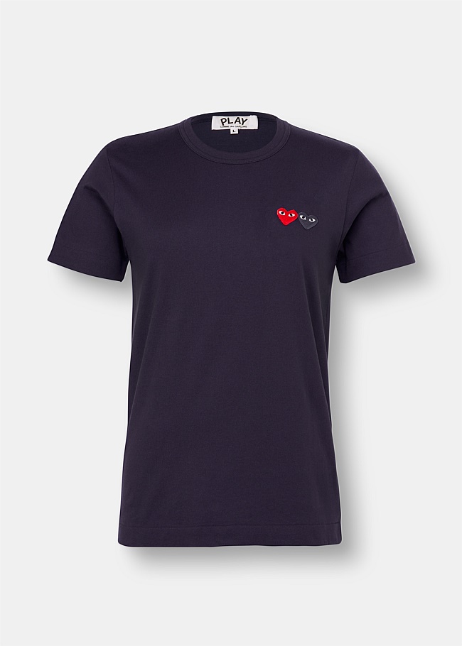Embroidered Double Heart Navy T-Shirt