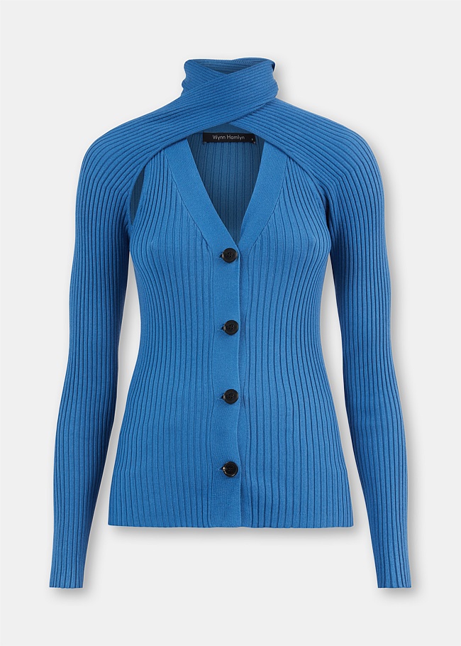 Looped Ribbed Knit Blue Cardigan