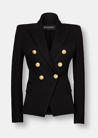 Notched Lapel 6 Button Double-Breasted Black Wool Blazer