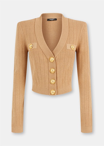 Beige Cropped Button Cardigan