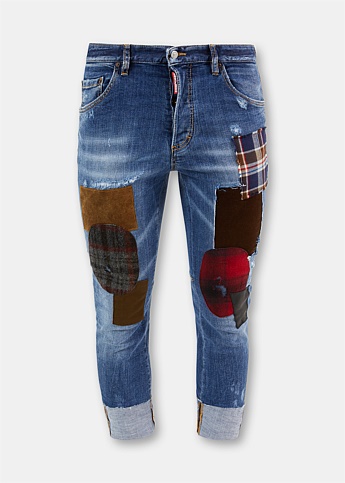 Blue Patchwork Distressed Jeans