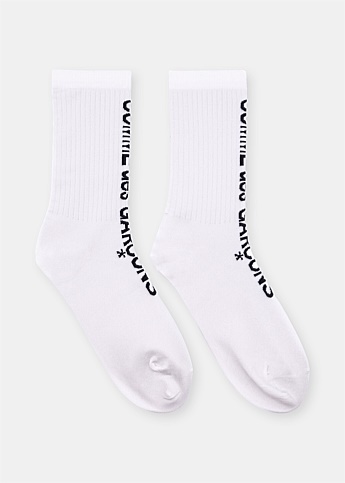 White Ribbed Logo Socks