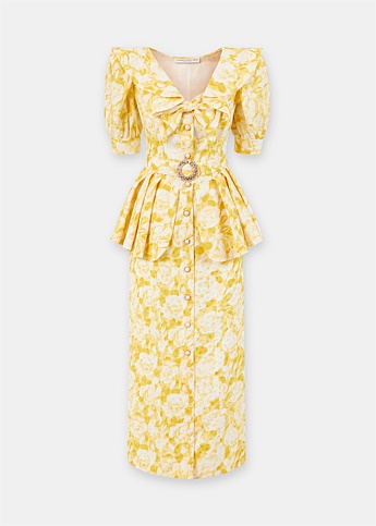 Yellow Silk Jacquard Peplum Dress