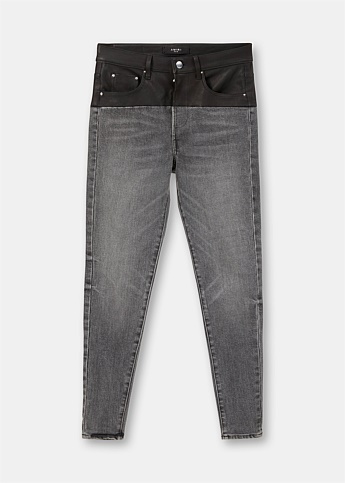 Dark Grey Leather Contrast Skinny Jeans