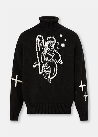 Black Angel Intarsia Knitted Sweater
