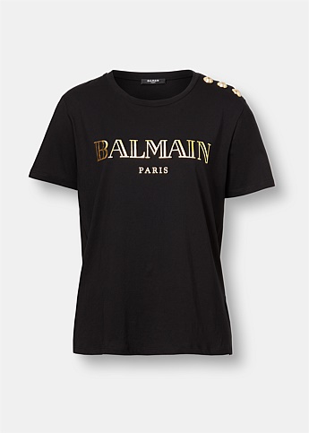 Black Cotton T-Shirt with Gold Logo Print