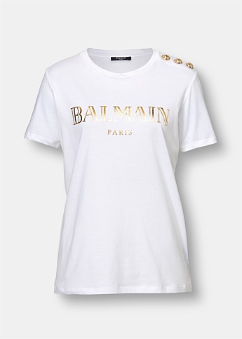 White Cotton T-Shirt with Gold Balmain Logo Print