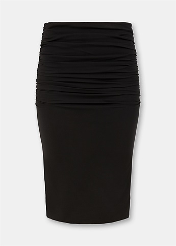 Black Georgette Ruched Midi Skirt