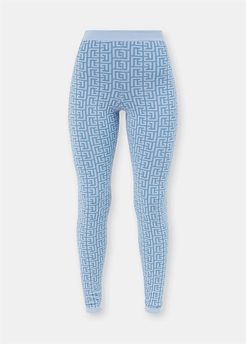 Blue Monogram Pattern Knitted Leggings