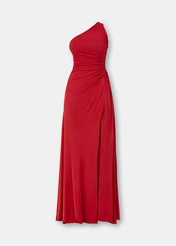 Red Evening Single Shoulder Maxi Dress