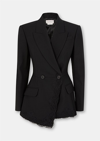 Black Double Breasted Lace Trim Blazer