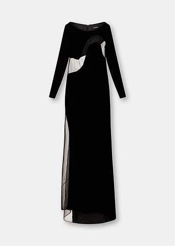 Black Viscose Velvet Long Sleeve Evening Dress