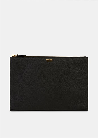 Black Grained Leather Flat Pouch With Strap