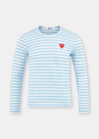 Blue Stripe Embroidered Heart Long Sleeve Top