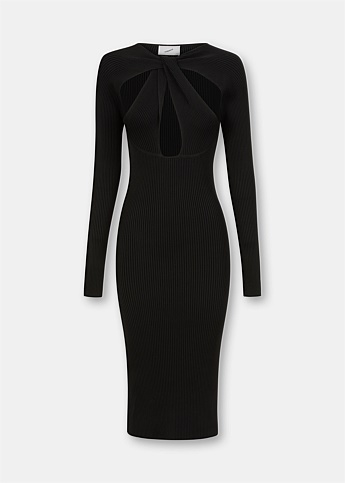 Black Twisted Long Sleeve Midi Dress