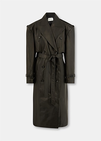 Black Leather Belted Trench Coat