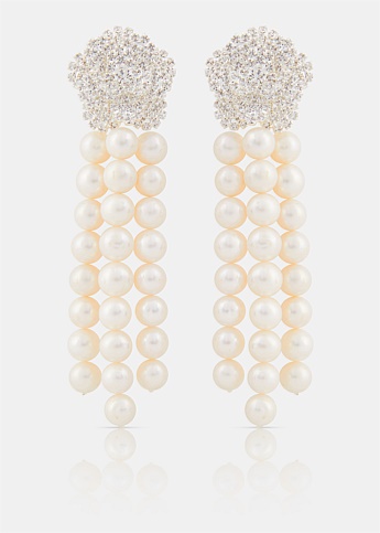 Silver Crystal Flower Pearl Drop Earrings