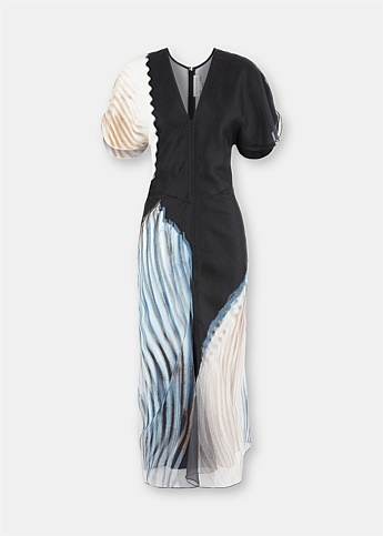 Black Shell Print Ruched Midi Dress