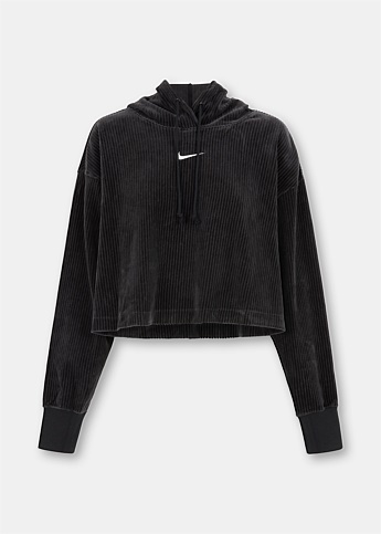 Women's Velour Cropped Pullover Hoodie Black