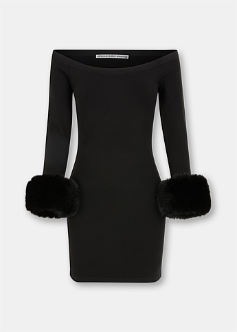Black Fur Trim Mini Dress