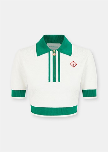 White & Green Cropped Monogram Polo Shirt