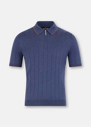 Blue Zip Knitted Polo Shirt