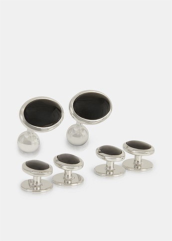Silver Oval Onyx Cufflinks Set