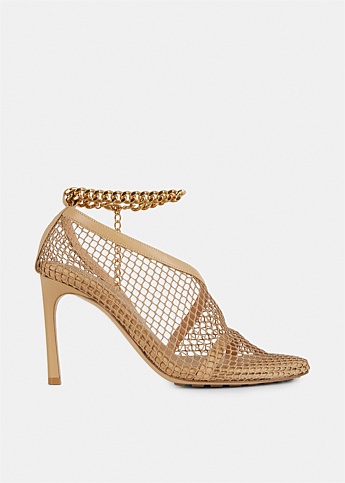 Leather Trimmed Mesh Pumps With Chain