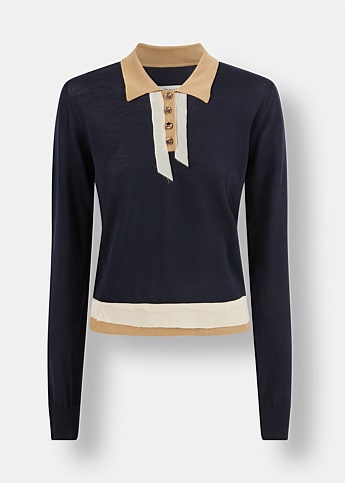 Contrast Trim Wool Polo Top