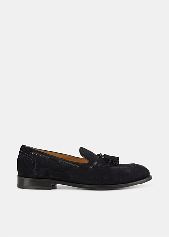 Navy Suede Loafers With Tassels 
