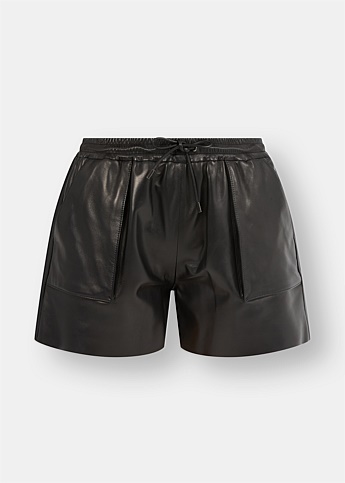 Short Elasticated Black Leather Shorts