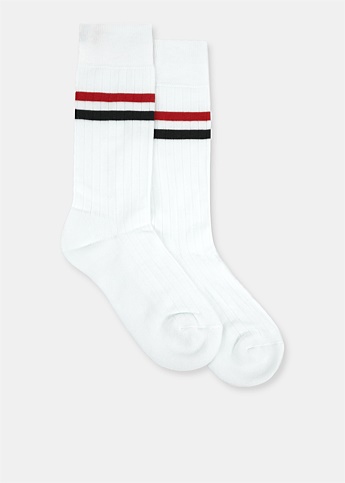 White Cotton Stripe Athletic Mid-Calf Socks