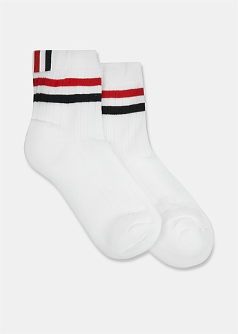 White Cotton Stripe Athletic Ankle Socks