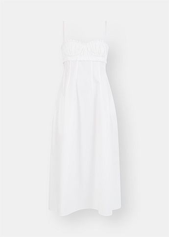 Felicia Ruched Cotton Twill White Midi Dress