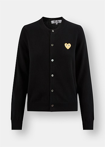 Black Wool Cardigan with Gold Heart Emblem