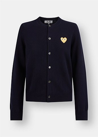Navy Wool Cardigan with Gold Heart Emblem
