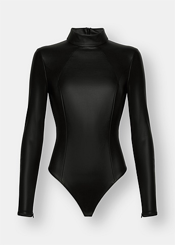 Black Faux Leather Turtleneck Bodysuit