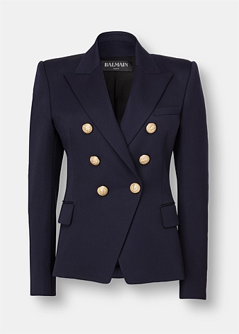 Notched Lapel Double-Breasted Blue Cotton Blazer
