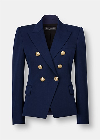 Navy Notched Lapel Double-Breasted Cotton Blazer